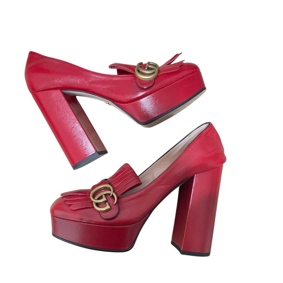 Gucci Marmont Fridge Red Platform High Heels Loafers - Picture 2 of 12